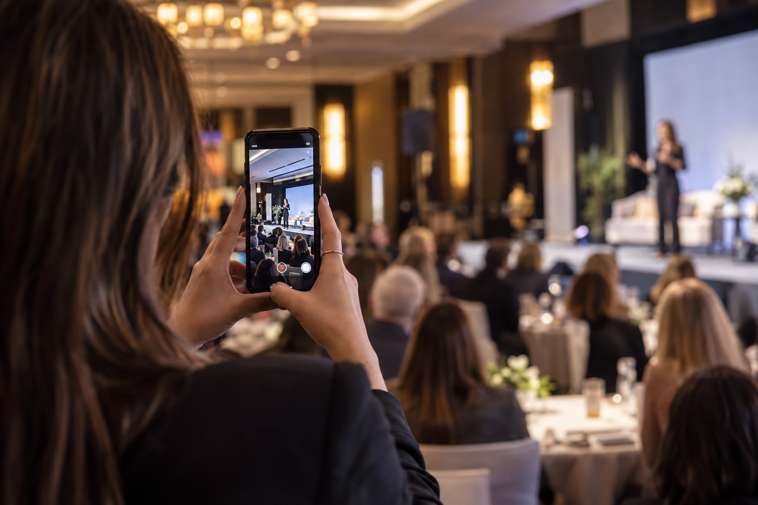 Illustrative scene of a content creator filming a conference on a phone